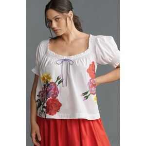 ANTHROPOLOGIE Embroidered Floral Puff Sleeve Blouse